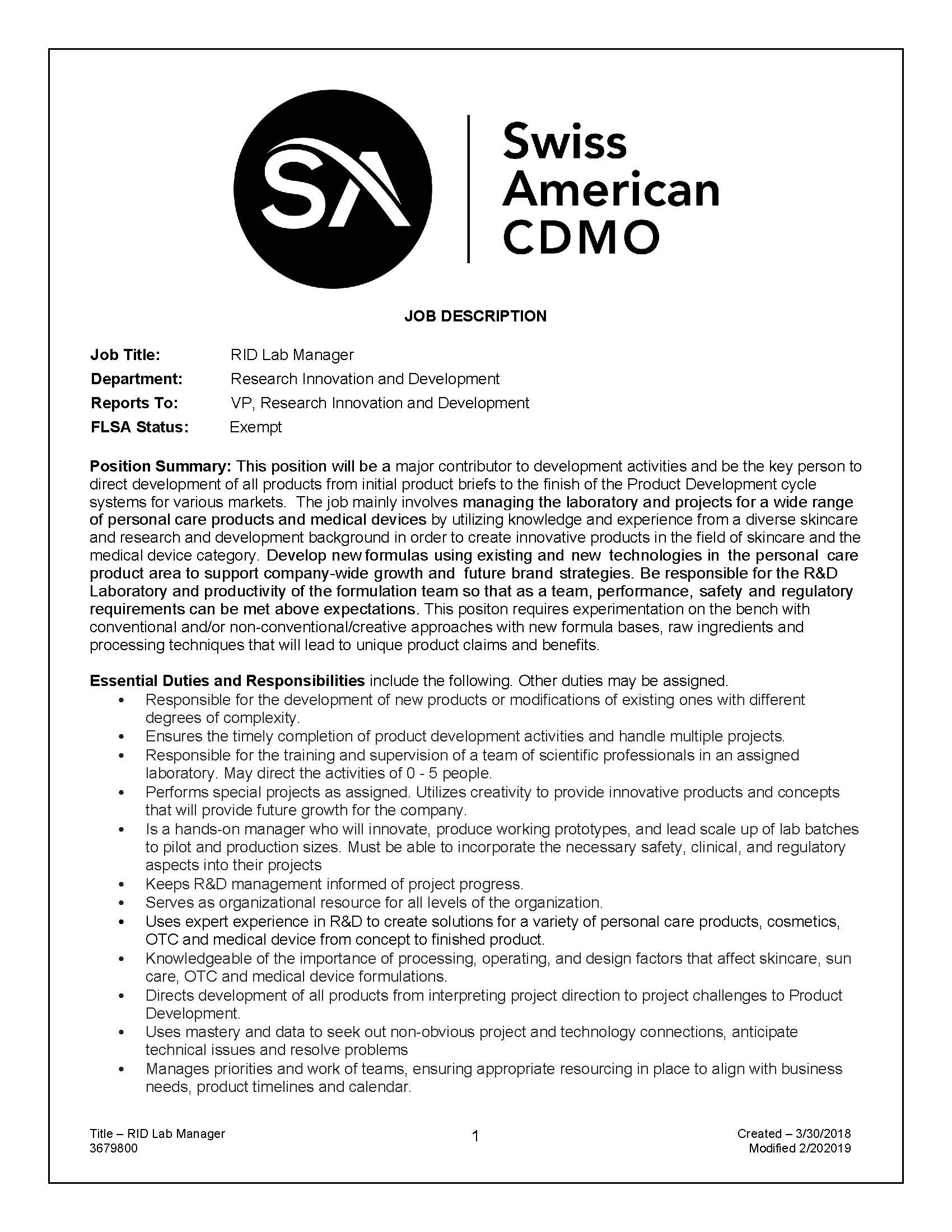 RID Lab Manager JD Page 1