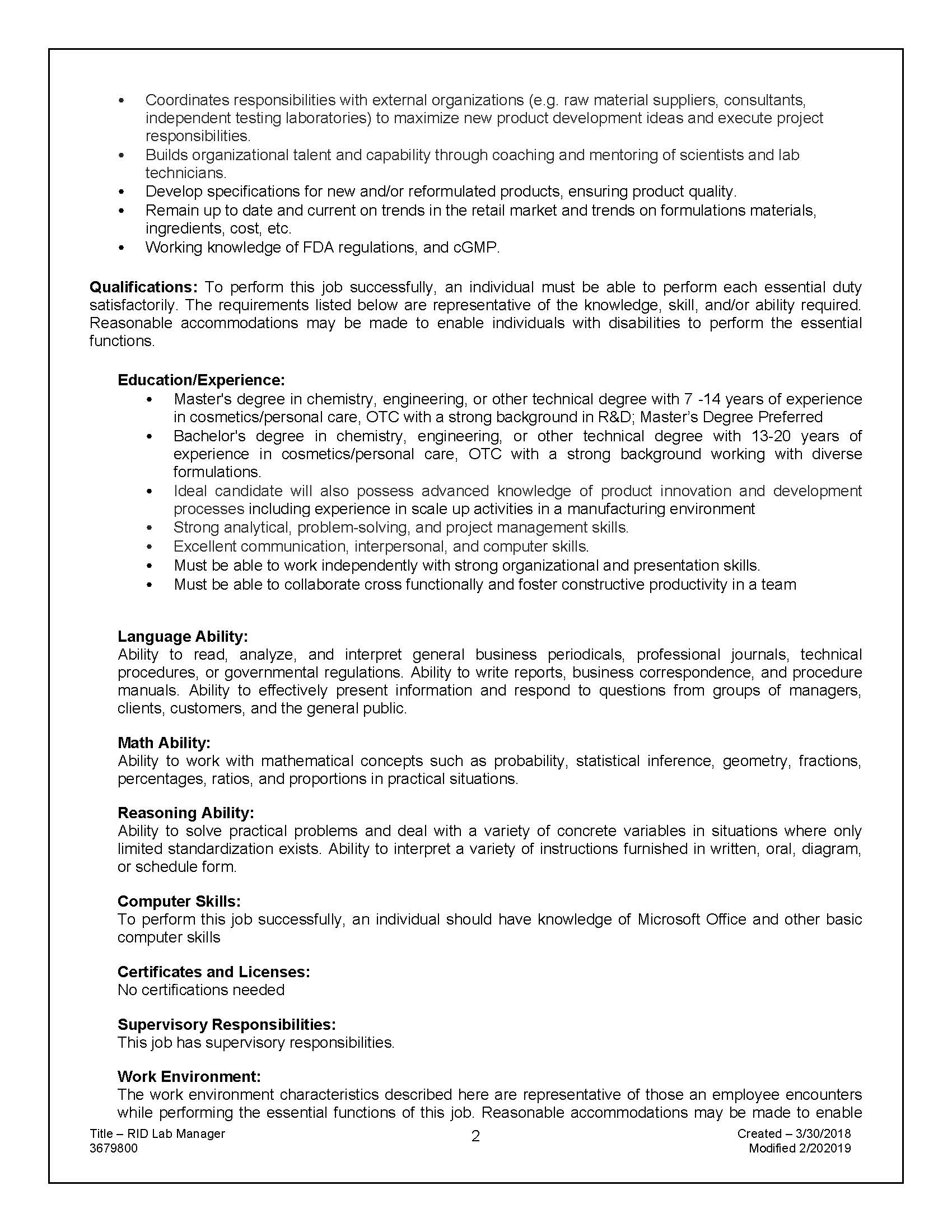 RID Lab Manager JD Page 2